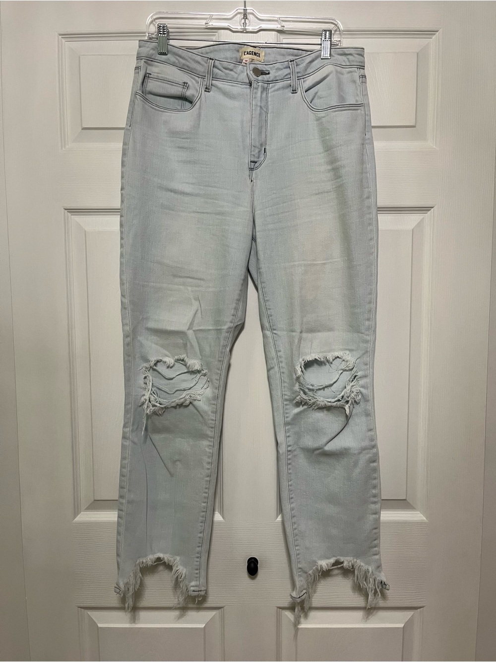 L'AGENCE Light Blue Distressed High Rise Cropped Frayed Ankle Jeans Size 30
